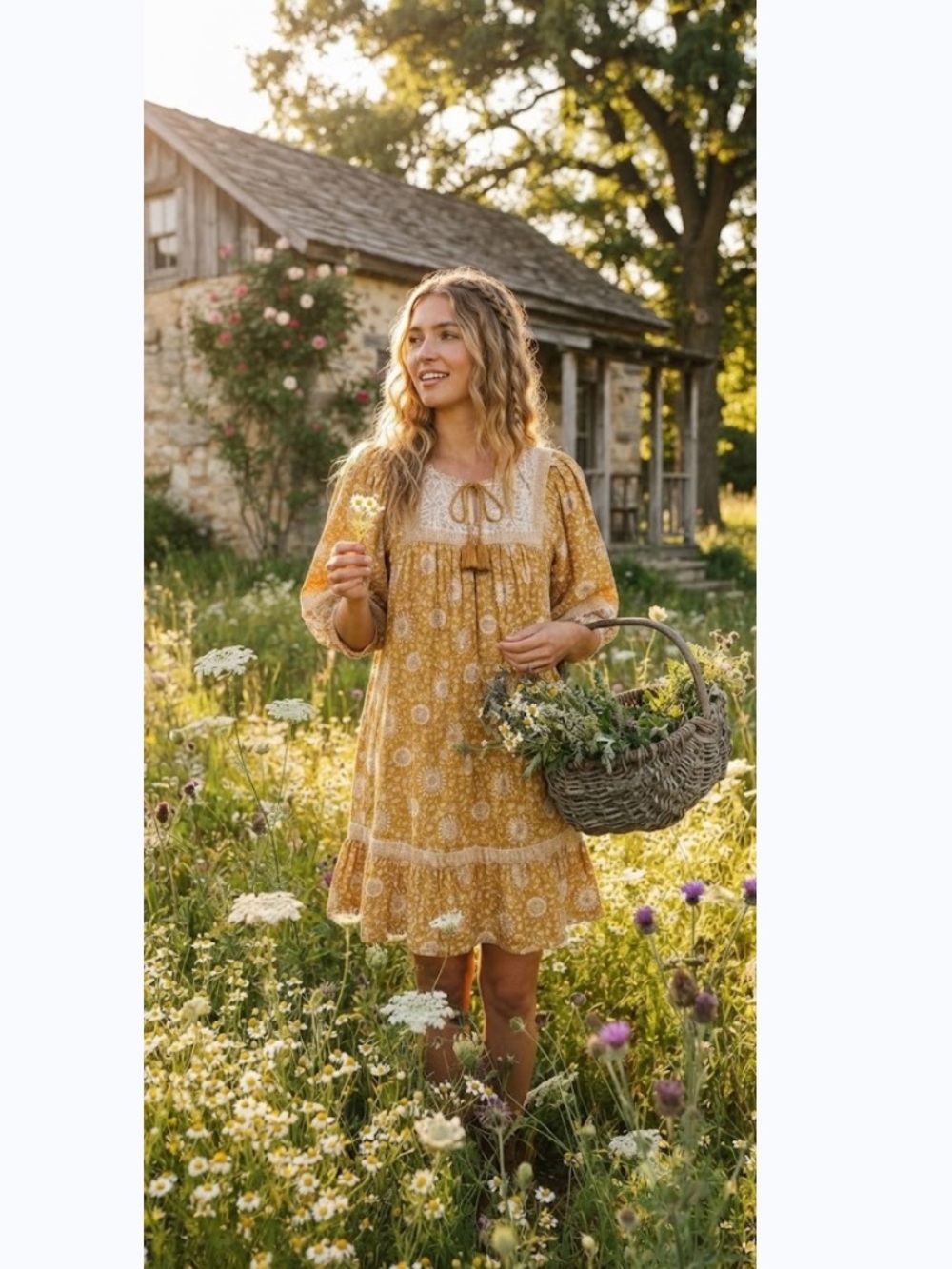 Old Navy Mustard Yellow Floral Boho Swing  Puff Sleeve  Mini Dress M Pockets